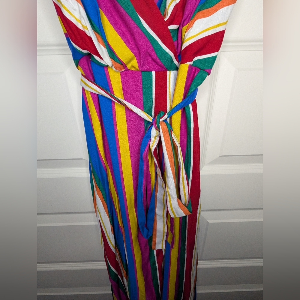 SEE DETAILS - NWT Francesca's Blue Rain Large Rainbow Dress w/ Belted Waist Tie - Picture 3 of 16